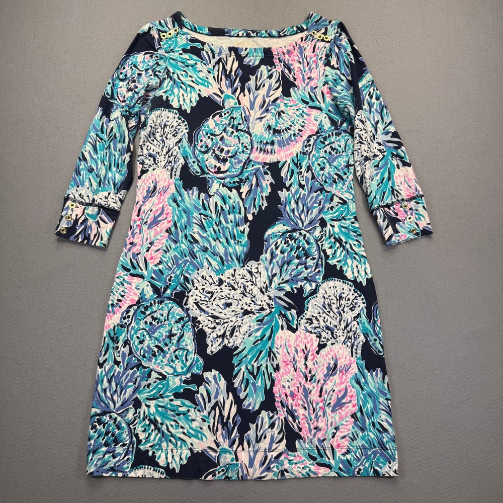 Lilly Pulitzer Hollee Dress Medium Navy Blue Sea Turtle Coral Button Knit Jersey
